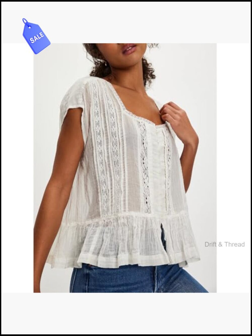 Semi Sheer Button Down Blouse Square Neck Lace Ruffle Cap Sleeve Crop Top - Picture 2 of 6